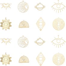 AHANDMAKER 16 Pcs Sun Moon Evil Eye Planet Charms, 8 Style Open Back Charms Flat Round Rhombus Shape Pendants for DIY Jewelry Hairpin Bracelet Earring Necklace