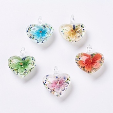 Honeyhandy Handmade Lampwork Pendants, Inner Flower, Heart, Mixed Color, 38x32x16mm, Hole: 6x7.5mm