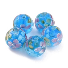 Honeyhandy Round Lampwork Beads, Plum Flower Petal Pattern, with Hole, Deep Sky Blue, 12mm, Hole: 1.8mm