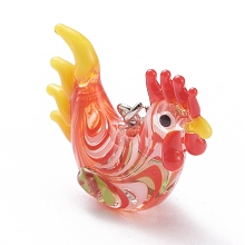 Honeyhandy Handmade Lampwork Pendant Decorations, with Brass Lobster Claw Clasp, Chinese Zodiac, Platinum, Rooster,  37mm, Pendant: 18x24x10mm