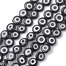 Honeyhandy Handmade Evil Eye Lampwork Flat Round Bead Strands, Black, 7.5x3mm, Hole: 1mm, about 48pcs/strand, 13.7 inch~14.9 inch