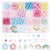 PandaHall Elite DIY Jewelry Making Finding Kit, Including Acrylic & Glass Pearl Beads, Resin Pendants, Heart & Bowknot & Flower & Rainbow & Unicorn & Flower, Mixed Color, 790Pcs/box