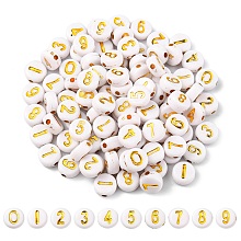 Honeyhandy Plating Acrylic Beads, Golden Metal Enlaced, Flat Round with Number, White, White, 7x4mm, Hole: 1.2mm