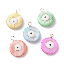 ARRICRAFT Natural Freshwater Shell Pendants, with Real 18K Gold Plated Eco-Friendly Copper Wire, Flat Round with Evil Eye, Mixed Color, 32.5x25x6.5mm, Hole: 4mm