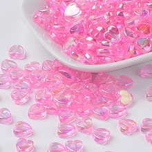 Honeyhandy Eco-Friendly Transparent Acrylic Beads, Heart, Pink, AB Color, about 8mm in diameter, 3mm thick, hole: 1mm, about 2800pcs/500g