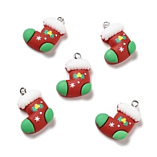 Honeyhandy Christmas Opaque Resin Pendants, with Platinum Tone Iron Loops, Christmas Sock Charm, FireBrick, 26.5x19.5x7.5mm, Hole: 2x2.5mm