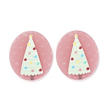 Honeyhandy Christmas Theme 3D Printed Resin Pendants, DIY Earring Accessories, Oval with Christmas Tree Pattern, Pink, Christmas Tree Pattern, 39x33x2.5mm, Hole: 1.6mm