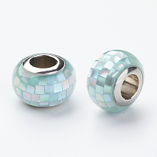 Honeyhandy 304 Stainless Steel Resin European Beads, with Shell and Enamel, Rondelle, Large Hole Beads, Turquoise, 12x8mm, Hole: 5mm