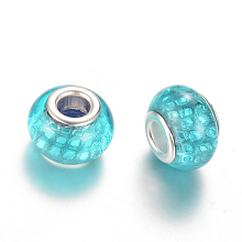 Honeyhandy Resin European Beads, Large Hole Beads, with Silver Color Plated Brass Cores, Rondelle, Light Sky Blue, 14x9~9.5mm, Hole: 5mm