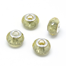 Honeyhandy Resin European Beads, Large Hole Beads, with Silver Color Plated Brass Cores, Faceted, Rondelle, Large Hole Beads, Pale Goldenrod, 13.5~14.5x9mm, Hole: 5mm