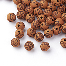 Honeyhandy Imitation Wood Acrylic Beads, Round with Flower, Saddle Brown, 8mm, Hole: 1.5mm, about 2000pcs/500g