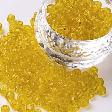 Honeyhandy Glass Seed Beads, Transparent, Round, Yellow, 6/0, 4mm, Hole: 1.5mm, about 4500 beads/pound