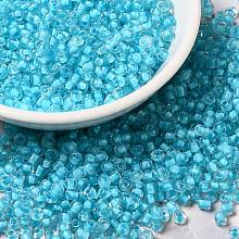 8/0 Transparent Glass Seed Beads, Inside Colours, Round Hole, Round, Deep Sky Blue, 3~3.5x2mm, Hole: 1~1.2mm, about 450g/bag