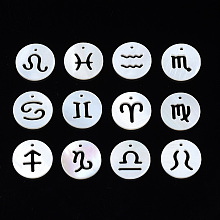 Honeyhandy Natural Freshwater Shell Charms, Flat Round, Hollow, 12 Constellations, 12x1.5mm, Hole: 0.9mm, 12pcs/set