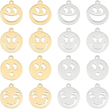 DICOSMETIC 16 Pcs 8 Styles Stainless Steel Face Pendants Golden Flat Round Charms 1.5mm Hollow Smiley Pendant Findings Accessory for Necklace Bracelet Jewelry Making Crafting