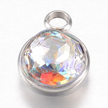 Honeyhandy 304 Stainless Steel Glass Rhinestone Charms, Faceted, Flat Round, Colorful, 14x10x7mm, Hole: 2.5mm