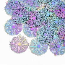 Honeyhandy Ion Plating(IP) 201 Stainless Steel Filigree Pendants, Etched Metal Embellishments, Flower, Rainbow Color, 37x35x0.3mm, Hole: 1.5mm