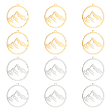 UNICRAFTALE 12pcs 2 Colors Mountain Charms Flat Round with Mountain Dangle Pendants 27.5x26mm Stainless Steel Pendants Hypoallergenic Hollow Charms for Outdoor Lovers Hikers Skiers Climbers