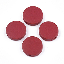 Honeyhandy Painted Natural Wood Beads, Flat Round, Crimson, 15~15.5x4mm, Hole: 1.8mm