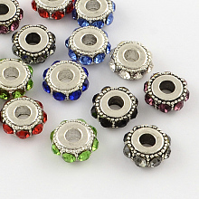 Honeyhandy Flat Round Antique Silver Plated Alloy Rhinestone European Beads, Large Hole Beads, Mixed Color, 14~15x6~7mm, Hole: 5mm