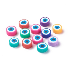 ARRICRAFT Handmade Polymer Clay Beads, Flat Round with Eye, Mixed Color, 10.5~11x5mm, Hole: 1.2mm