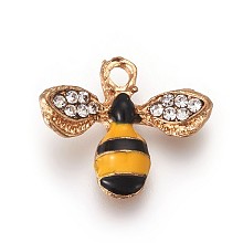 Honeyhandy Alloy Enamel Pendants, with Rhinestone, Bees, Colorful, Crystal, Light Gold, 14x17x4mm, Hole: 1.8mm