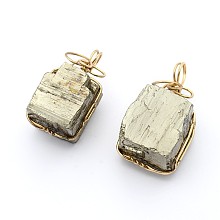 Honeyhandy Cuboid Brass Natural Pyrite Pendants, Golden, 30~35x16~20x17mm, Hole: 4.5mm