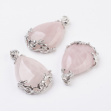 Honeyhandy Valentine Gifts Idea for Guys Natural Rose Quartz Pendants, with Brass Findings, teardrop, Platinum, 43x26x8mm, Hole: 5x4mm