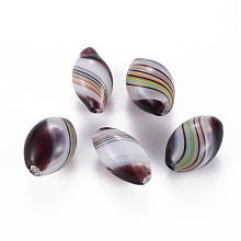 Honeyhandy Transparent Handmade Blown Glass Globe Beads, Stripe Pattern, Oval, Coconut Brown, 17~18x10~12mm, Hole: 1~2mm