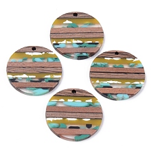 Honeyhandy Resin & Walnut Wood Pendants, Flat Round, Colorful, 30x2~3mm, Hole: 2mm