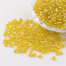 Honeyhandy Round Glass Seed Beads, Trans. Colours Lustered, Yellow, Size: about 4mm in diameter, hole: 1.5mm, about 496pcs/50g