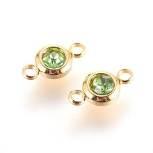 Honeyhandy 304 Stainless Steel Rhinestone Links connectors, Flat Round, Golden, Peridot, 12x6.5x4mm, Hole: 2mm