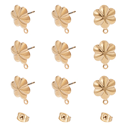 Unicraftale 304 Stainless Steel Stud Earring Findings, with Ear Nuts/Earring Backs and Loop, Long-Lasting Plated, Flower, Golden, 13.5x10mm, Hole: 1mm, Pin: 0.8mm; 10pcs/box