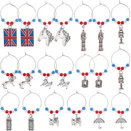 BENECREAT 20 Sets British Theme Wine Glass Charms, Drink Markers Tags with 12 Style Pendants, Beads and Hoop Earrings for Cocktail Champagne Party Favors Decoration