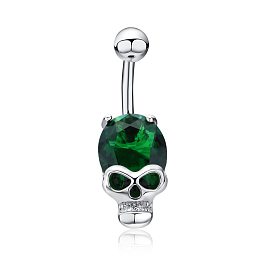 Honeyhandy Real Platinum Plated Skull Brass Cubic Zirconia Navel Ring Navel Ring Belly Rings, with 304 Stainless Steel Bar, Green, 30x10mm, Bar Length: 3/8"(10mm), Bar: 14 Gauge(1.6mm)