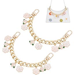 PandaHall Elite Golden Purse Extender, 2pcs 4.2 Inch Short Bag Strap Alloy Bag Chain Strap with Pink Enamel Flower Pendant Replacement Handle Bag Chain Straps Charms for Women Crossbody Shoulder Bag