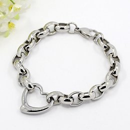 Honeyhandy Fashionable 304 Stainless Steel Heart Link Bracelets, Rolo Chain Bracelet with Lobster Claw Clasps, Stainless Steel Color, 8-1/4 inch~9 inch(210~230mm)