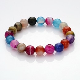 Honeyhandy Faceted Natural Agate Round Beads Kids Stretch Bracelets, with Korean Elastic Crystal Thread, Colorful, 43mm