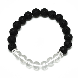 Honeyhandy Natural Quartz Crystal Beads Stretch Bracelets, with Synthetic Lava Rock Beads and Alloy Beads, Round, Inner Diameter: 2-1/8 inch(5.5cm), Beads: 8.5mm