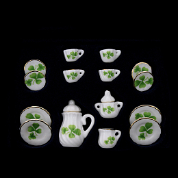 Honeyhandy Mini Porcelain Tea Set, including 2Pcs Teapots, 5Pcs Teacups, 8Pcs Dishes, for Dollhouse Accessories, Pretending Prop Decorations, Clover Pattern, 121x86x25mm, 15pcs/set