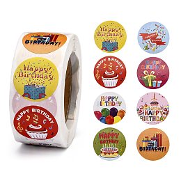 Honeyhandy Self-Adhesive Paper Stickers, Gift Tag, for Party, Decorative Presents, Happy Birthday Theme, Round, Colorful, Word, 25mm, 500pcs/roll