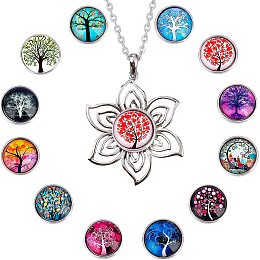 SUNNYCLUE 1 Box 12 Style Glass Snap Buttons Tree of Life Charm Large Charms for Jewelry Making Breakaway Glass Button Tree Cabochons Long Sweater Stainless Steel Chain Big Pendant Necklace 30Inch