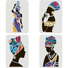 FINGERINSPIRE 4PCS Tribal Women Stencil 11.7x8.3 inch, Tribal Wall Stencils for Painting Reusable Large DIY Art and Craft Stencils PET African Tribal Stencil for Painting on Wall and Fabric