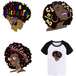 Arricraft 4pcs PET Black Girl Iron-on Heat Transfer Stickers Iron On Patches Washable Heat Transfer Stickers Clothes Patch Appliques for DIY Clothes Repair and Decoration 9x9in