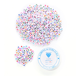 Honeyhandy 1000Pcs Opaque Acrylic Beads, with 1roll Clear Elastic Crystal Thread, for DIY Children's Day Themed Bracelets Making Kits, Flat Round with Letter & Heart, Mixed Color, 7x7x3.5mm, Hole: 1.2~1.8mm