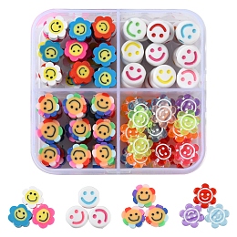 Honeyhandy 120Pcs 4 Style Smiling Face Beads for DIY Jewelry Making Finding Kits, Including Flat Round Acrylic Beads, Flower Polymer Clay & Resin Beads, Mixed Color, 9.5~11x4.5~5mm, Hole: 1.2~2.5mm, 30pcs/style