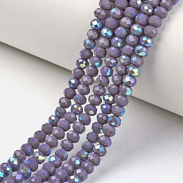 Honeyhandy Electroplate Opaque Solid Color Glass Beads Strands, Half Rainbow Plated, Faceted, Rondelle, Medium Purple, 6x5mm, Hole: 1mm, about 83~85pcs/strand, 38~39cm