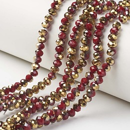 Arricraft Electroplate Opaque Glass Beads Strands, Half Golden Plated, Faceted, Rondelle, Dark Red, 8x6mm, Hole: 1mm; about 72pcs/strand, 16.14 inches(41cm)