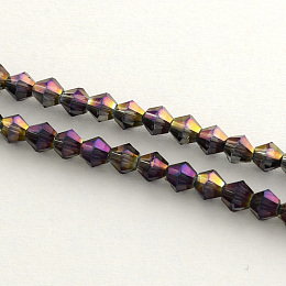 Honeyhandy Electroplate Glass Bead Strands, Rainbow Plated, Faceted Bicone, Purple, 4x4.5mm, Hole: 1mm, about 92~96pcs/strand, 13.78~14.37 inch