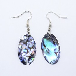 Honeyhandy Abalone Shell/Paua ShellOval Dangle Earrings, with Platinum Plated Brass Ear Hooks, 52mm, pin: 0.8mm